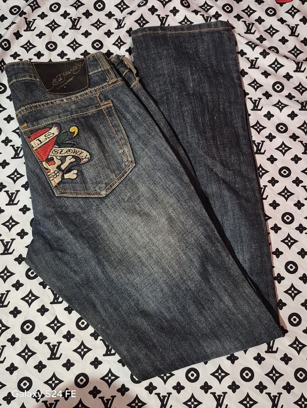 Ed Hardy Men’s Straight Dark Blue Jeans with Embroidered Back Pocket